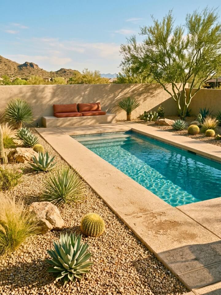 desert inspired landscaping around the pool