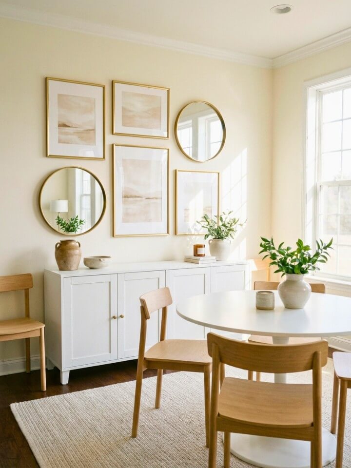 dining room gallery wall with framed art and mirrors