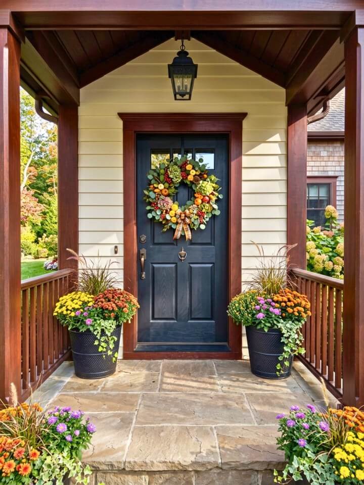 door decorated with seasonal wreaths