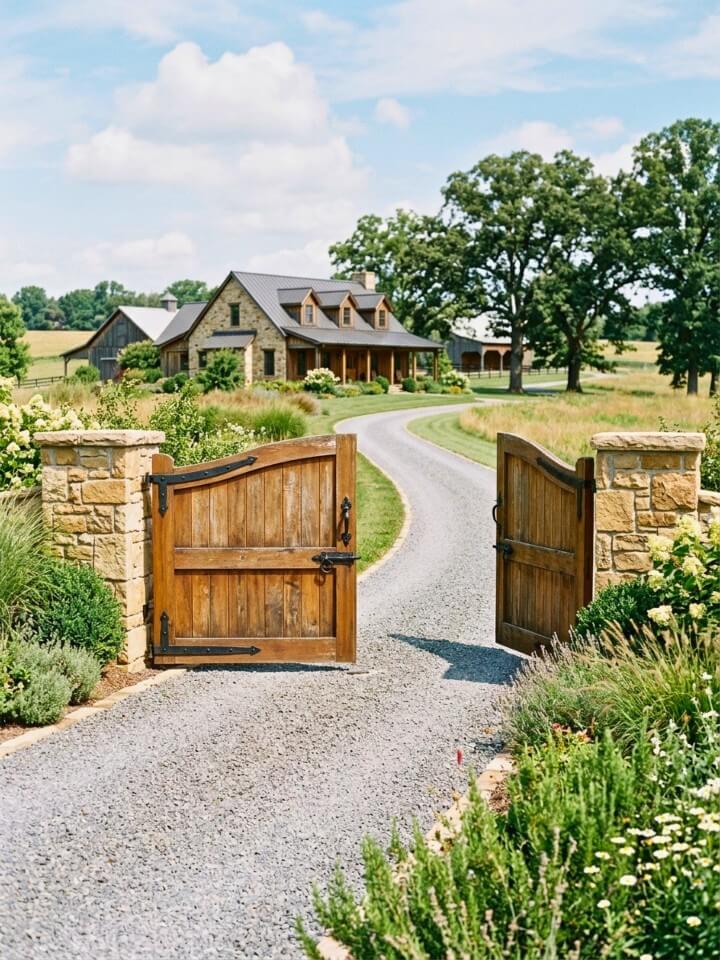double swing ranch gate with decorative hardware