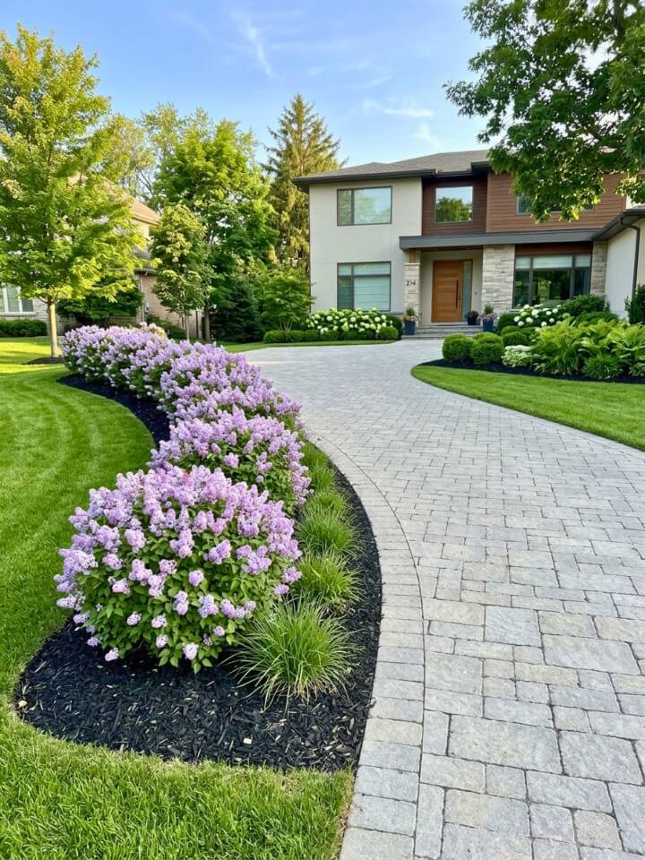 driveway border with compact flowering shrubs