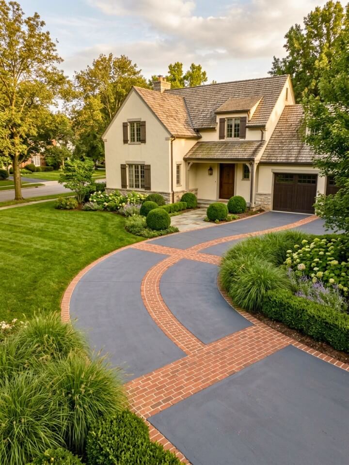 driveway featuring curved brick inlays