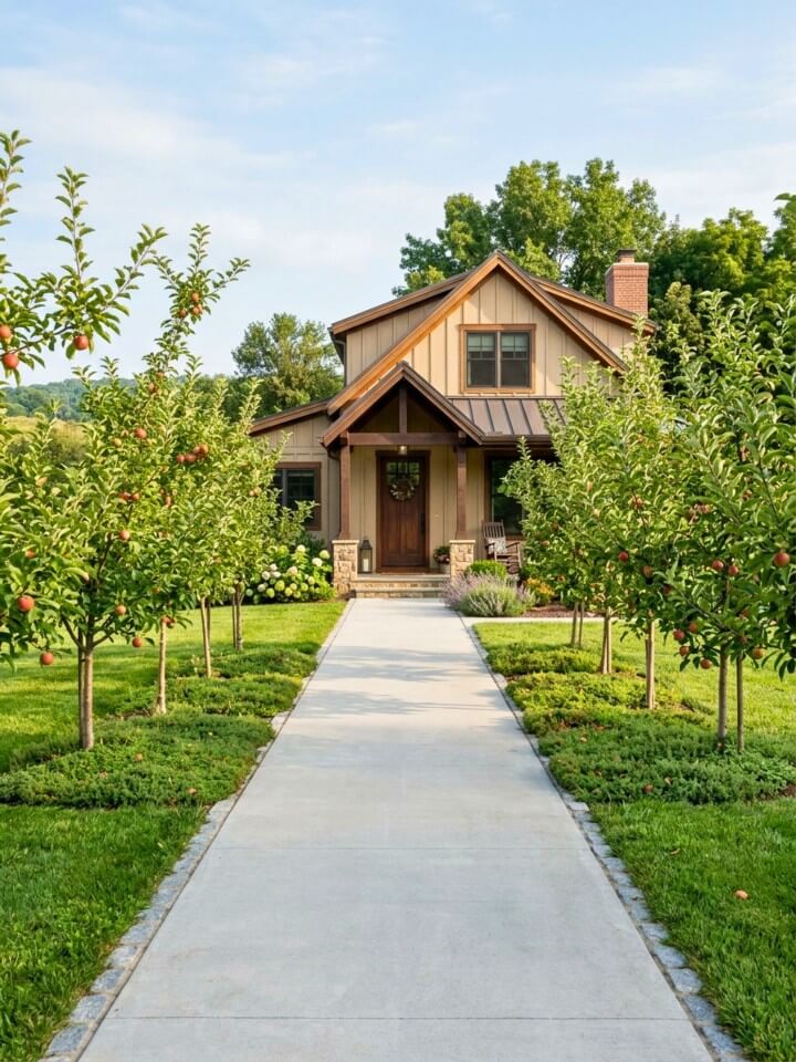 driveway flanked by small fruit trees
