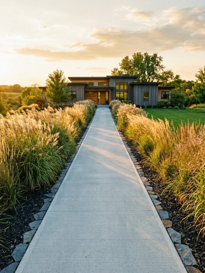 driveway flanked by tall grasses for privacy