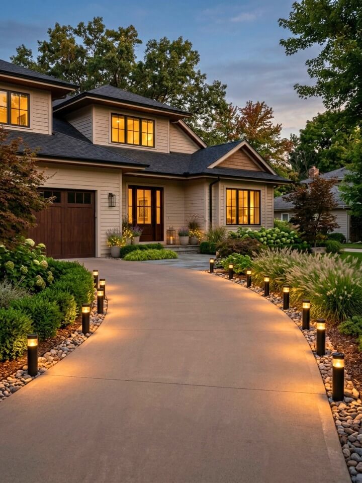 driveway lined with solar path lights