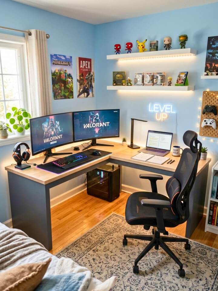 dual purpose study & gaming desk setup