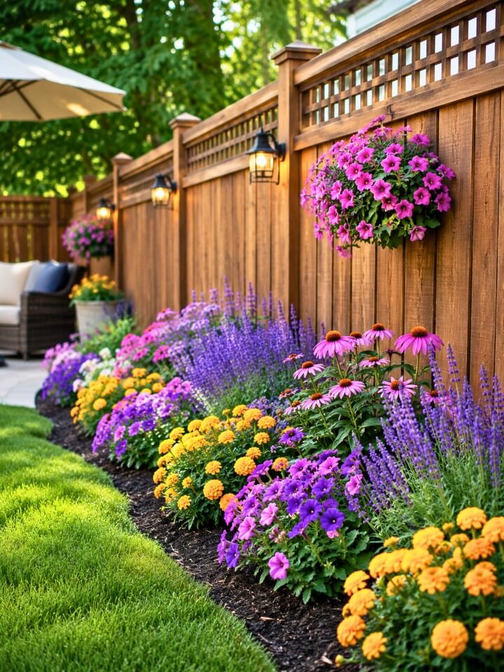 easy flower border for fence line landscaping