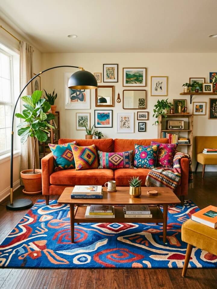 eclectic statement space on dark brown flooring