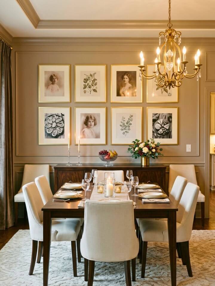 elegant dining room picture wall with gold frames