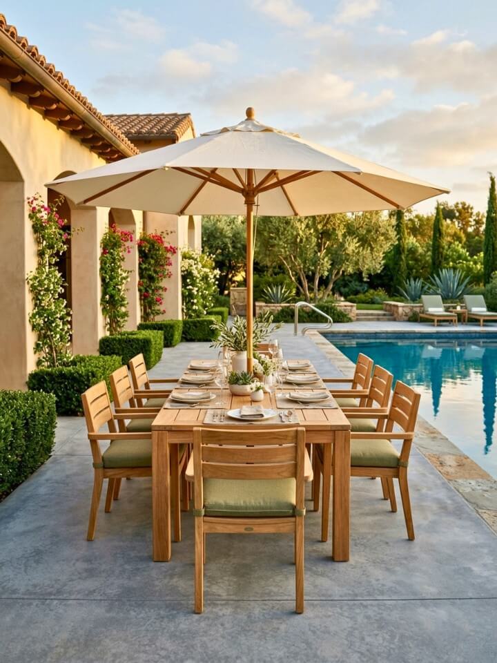 elegant teak dining set by the pool
