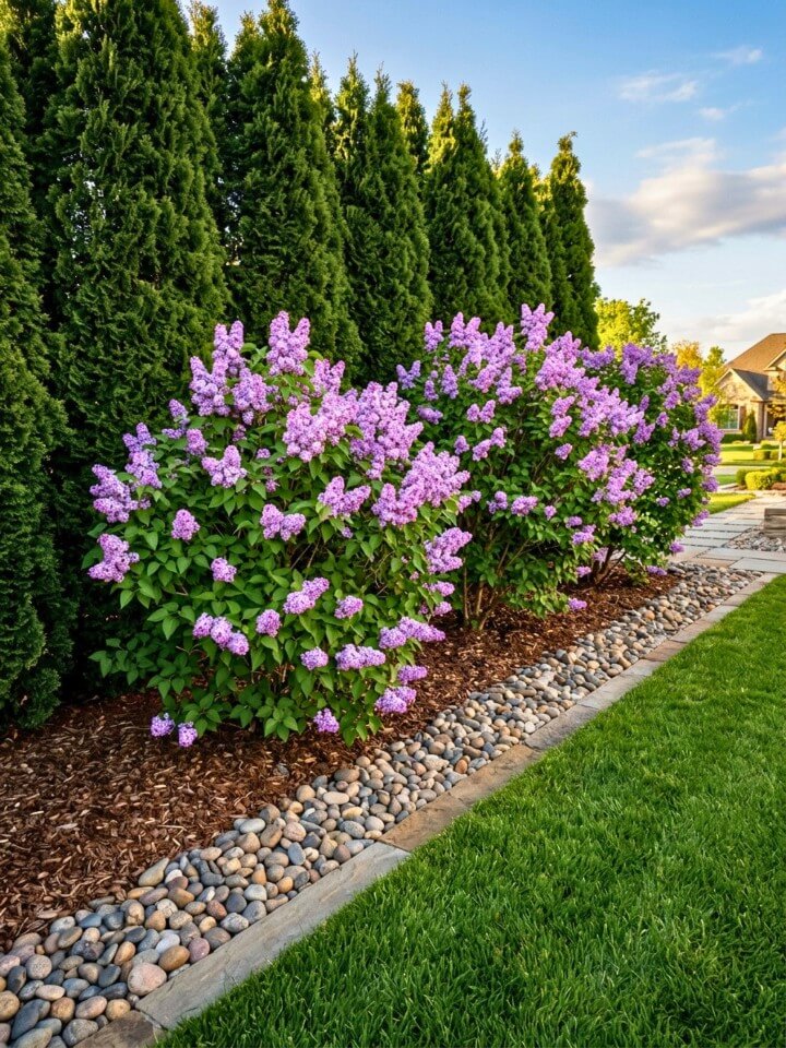 evergreen backdrop with lilac bushes