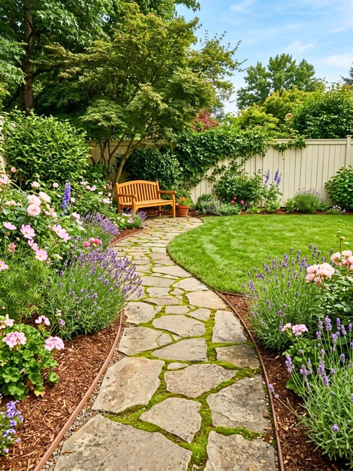 flagstone and mulch border path surrounding flower beds