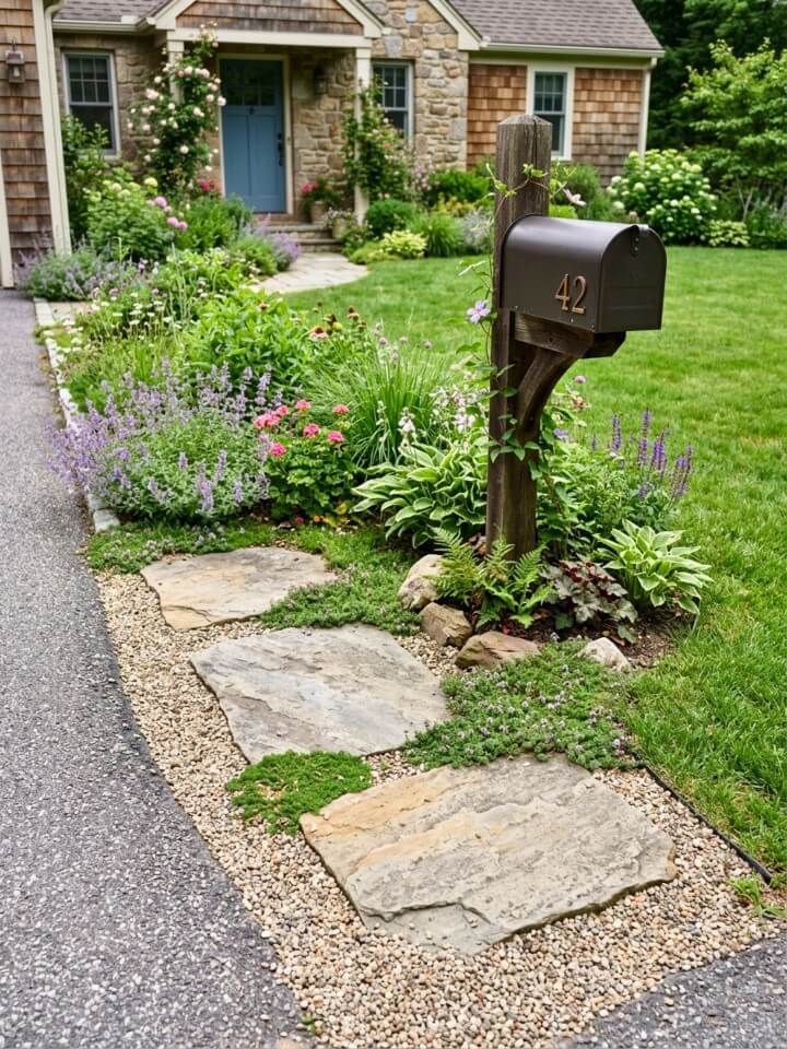 flagstone path mailbox landscaping