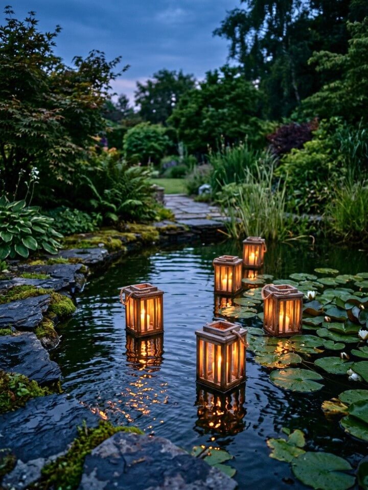 floating lanterns in a backyard water feature