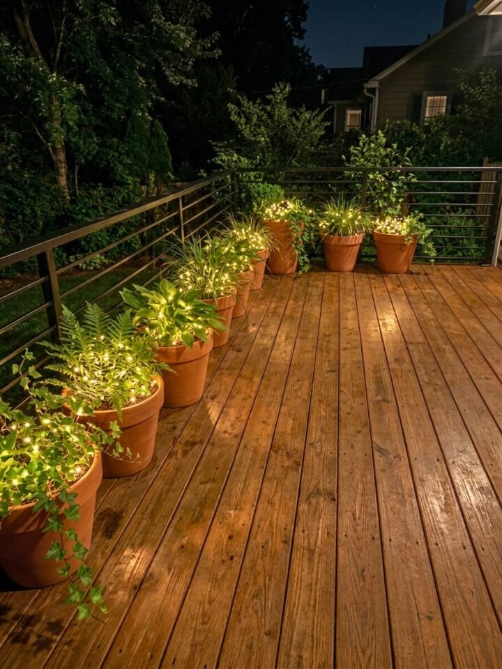 floating lights in planters for modern outdoor style