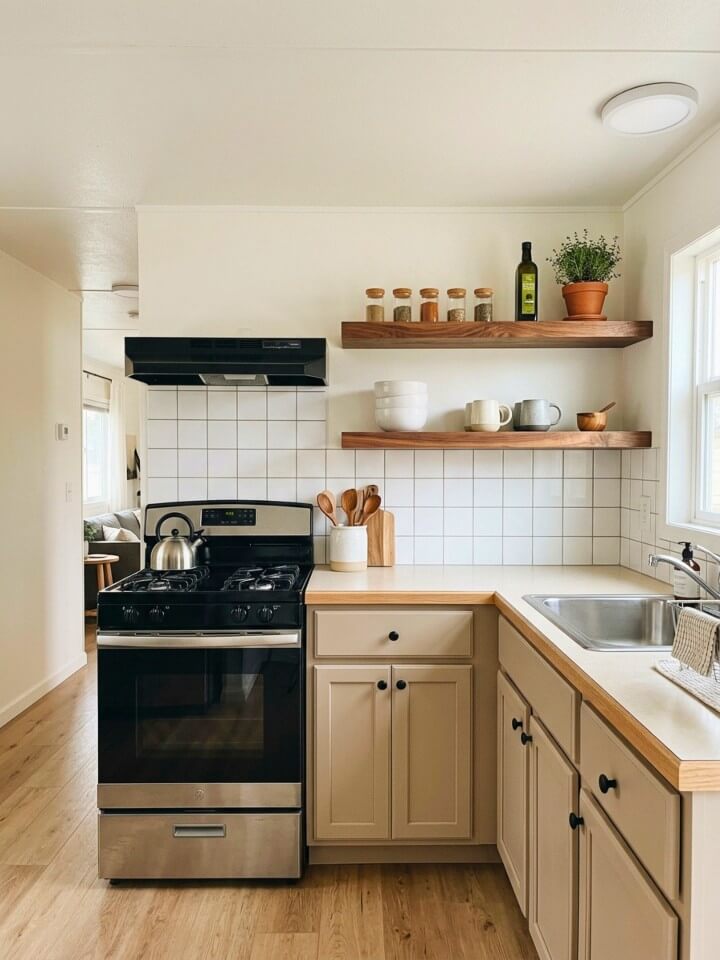 floating shelves that keep cooking items near the stove
