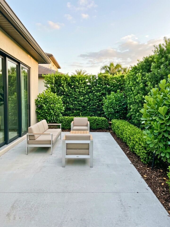 florida backyard privacy with evergreen shrubs