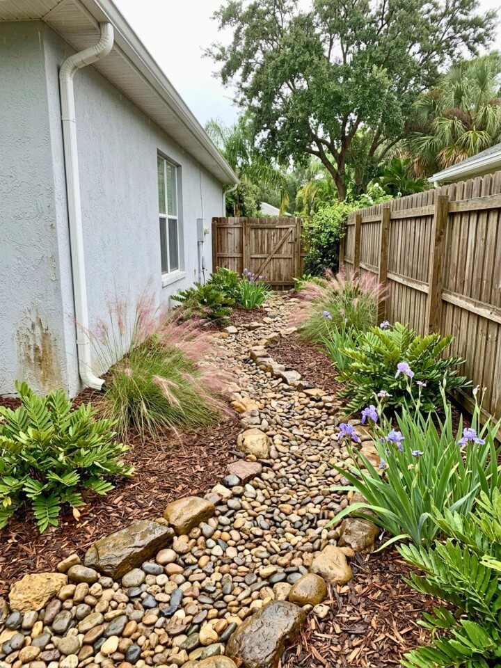 florida rain drainage landscape with a dry creek bed