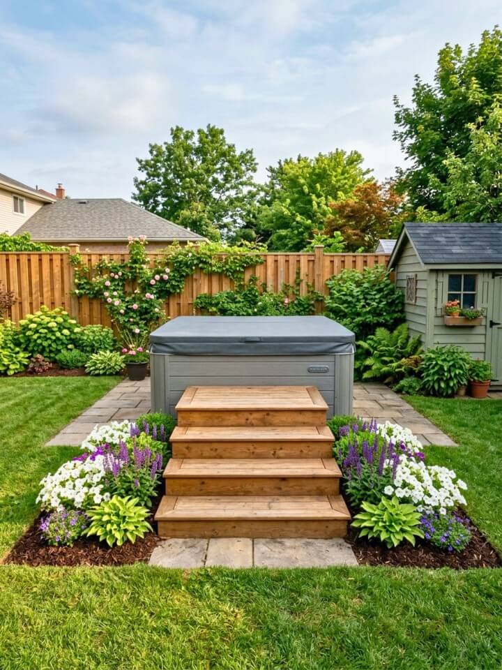 flower beds beside the spa steps