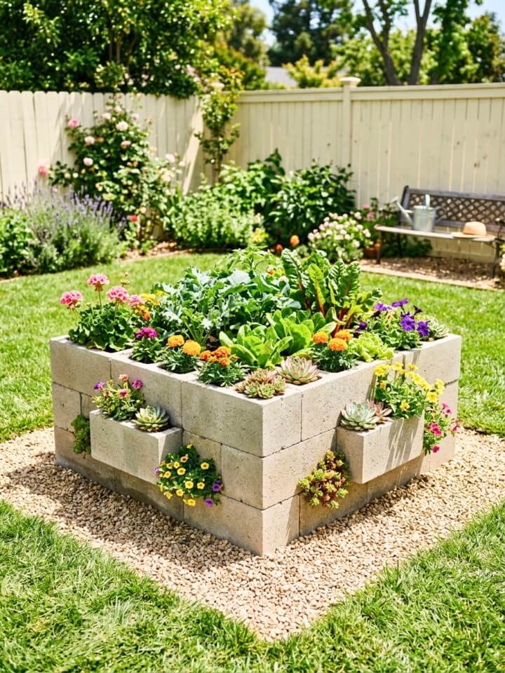 freestanding garden island planter with cinder blocks