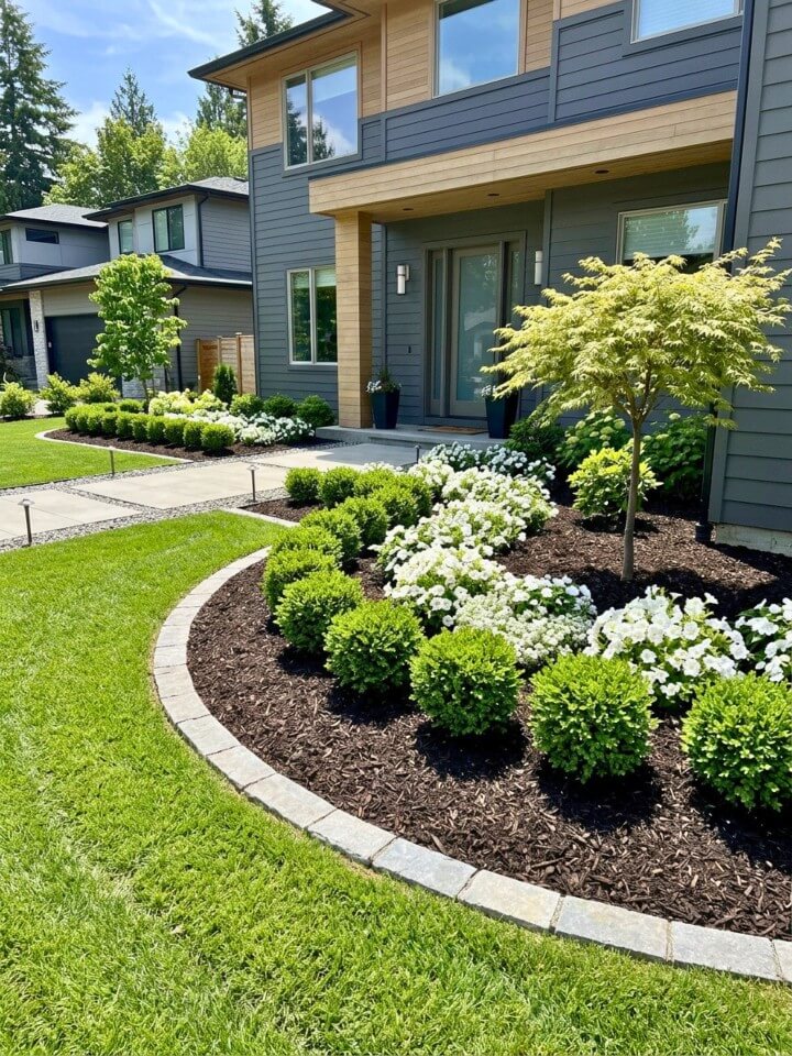 fresh mulched garden beds around the front yard