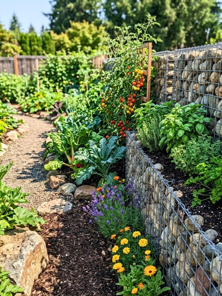 gabion stone fence with herb beds