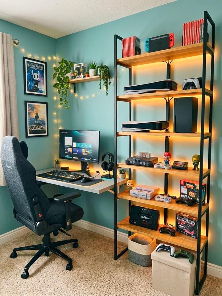 gaming console display corner for teen bedrooms