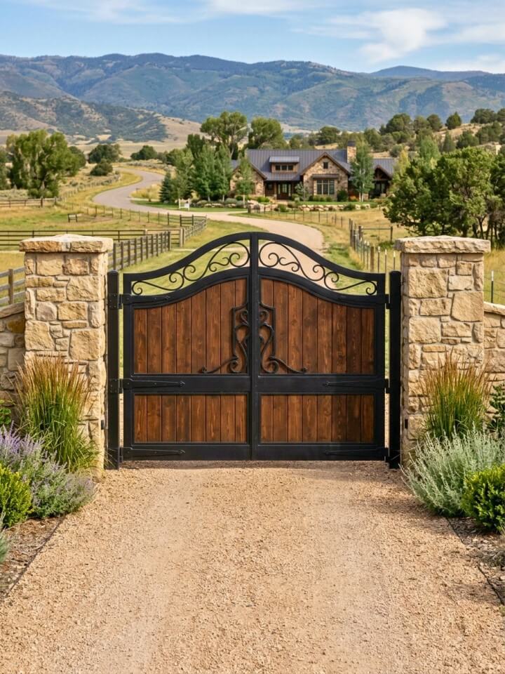 gate combining stone and metal for sturdy style