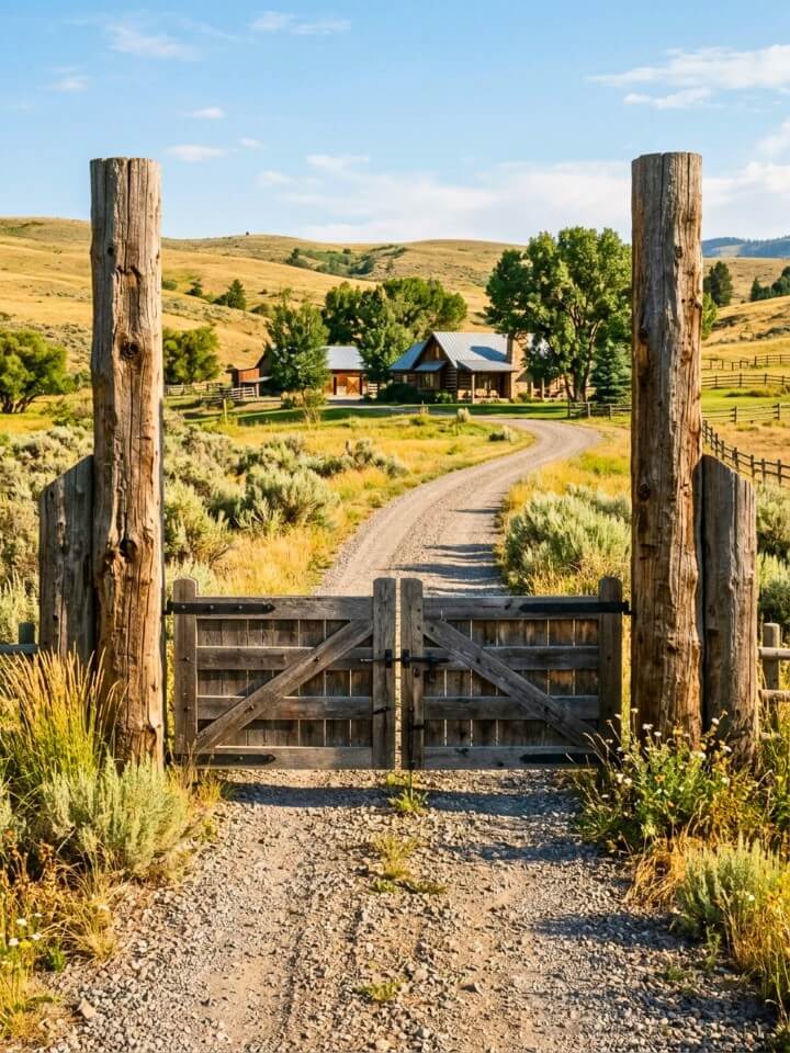 gate framed by large timber posts for a bold look
