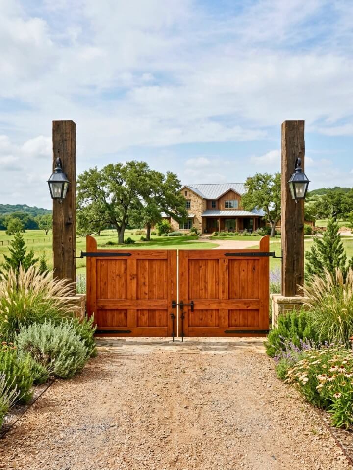 gate with lantern posts and ambient lighting