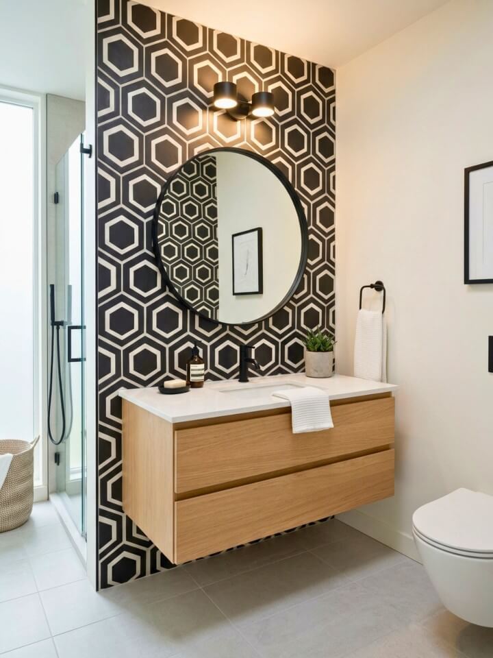geometric mosaic tiles for a modern vanity accent