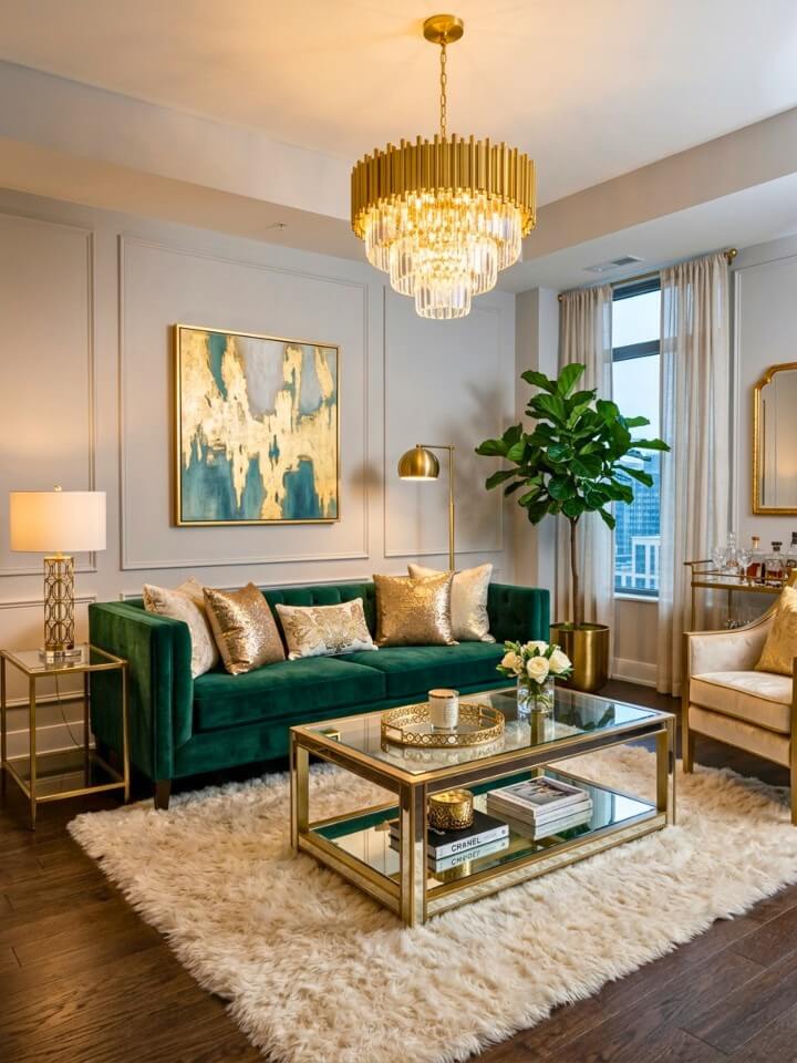 glamorous living room with dark brown floors