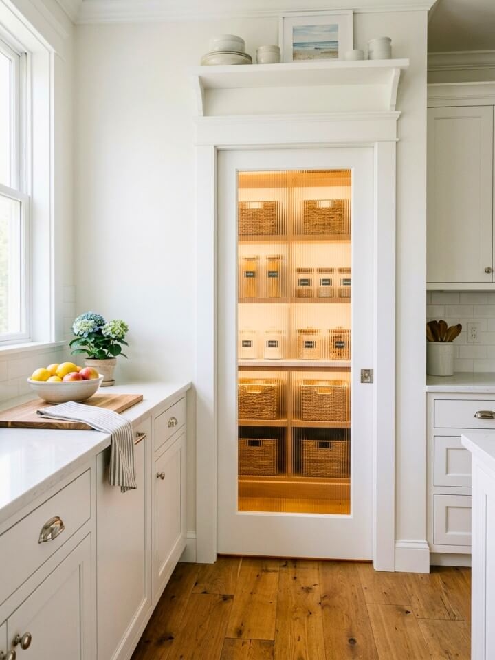 glass door pantry with light and stylish storage