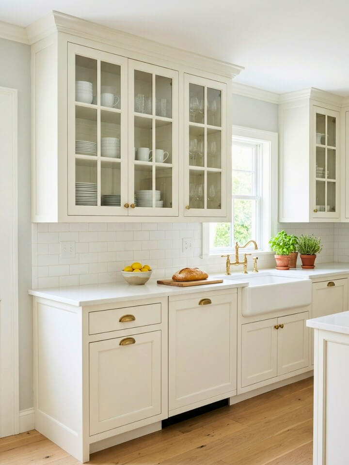 glass front cabinets that create an airy coastal kitchen
