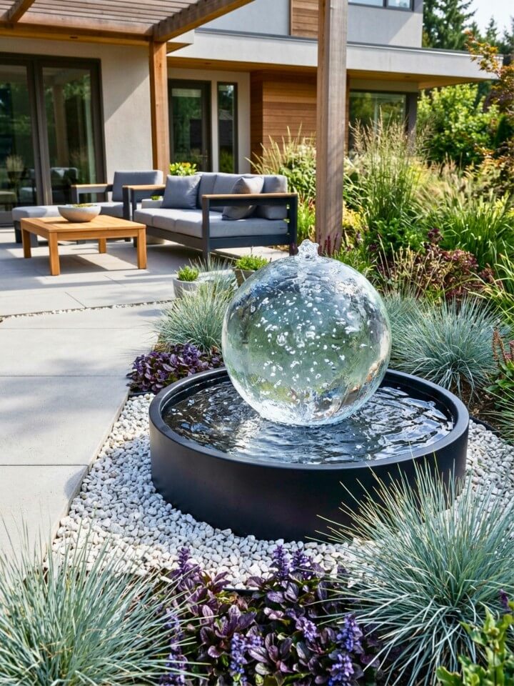 glass orb bubbling fountain for contemporary gardens