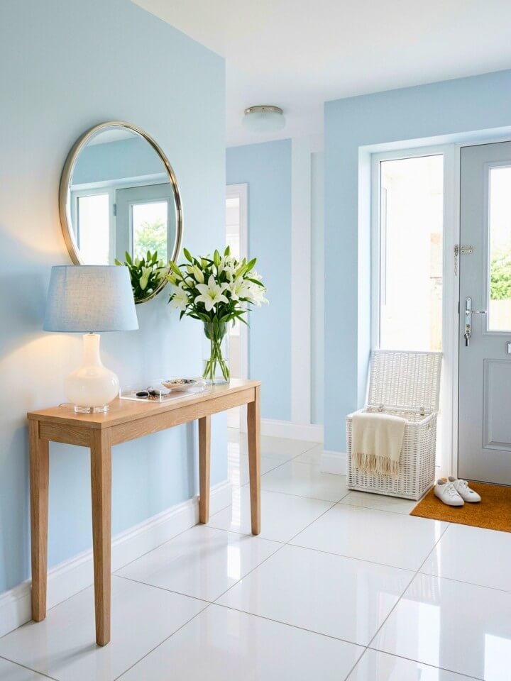 glossy white tiles for a bright and airy foyer
