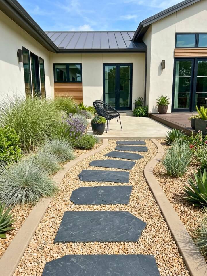 gravel and slate combo stone path in modern yards