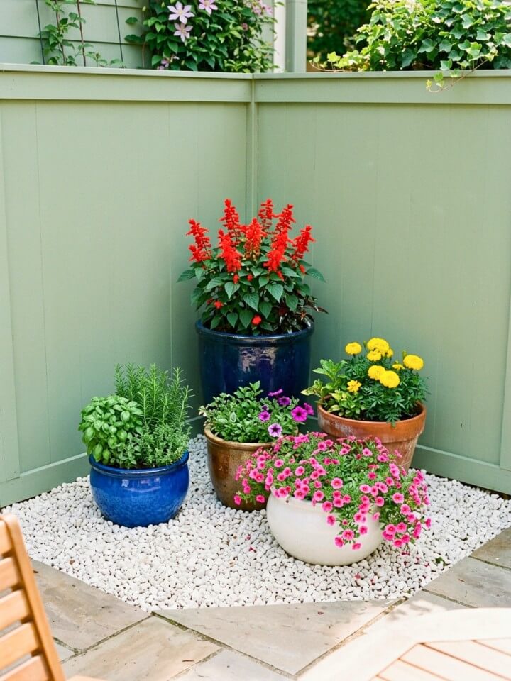 gravel corner garden with potted plants