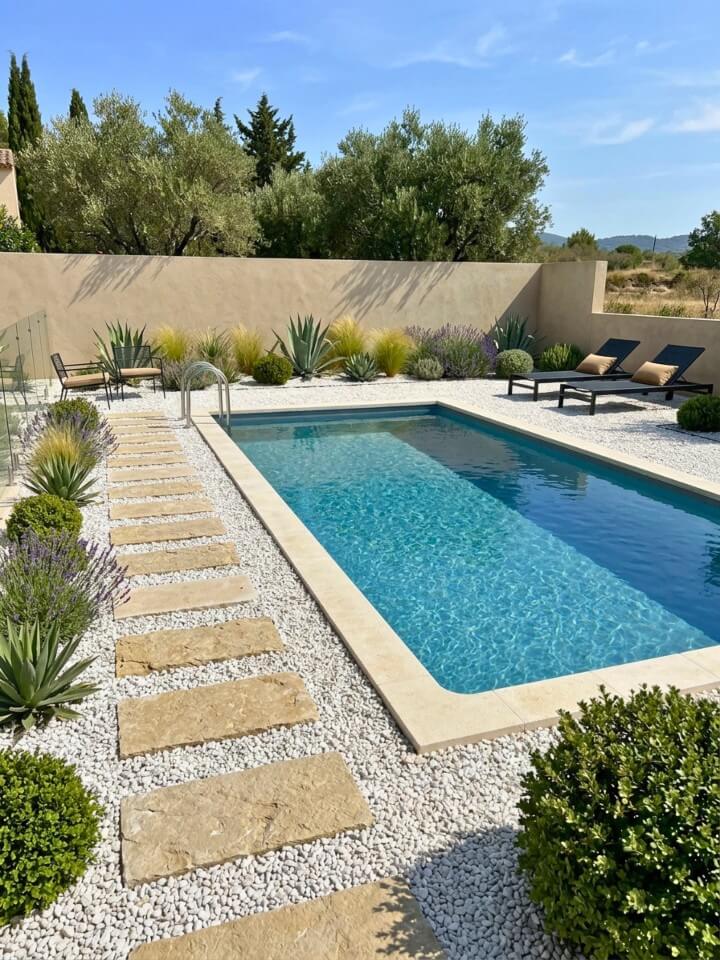 gravel landscaping for a low maintenance pool area