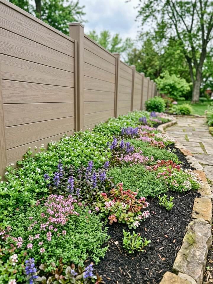 ground cover plants for a soft fence line look