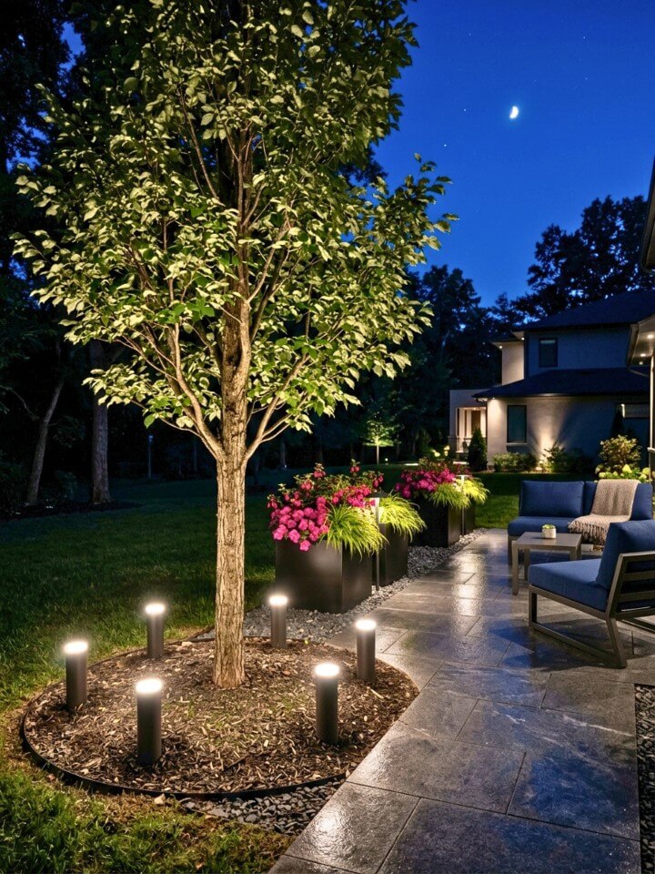 ground level path lights circling trees