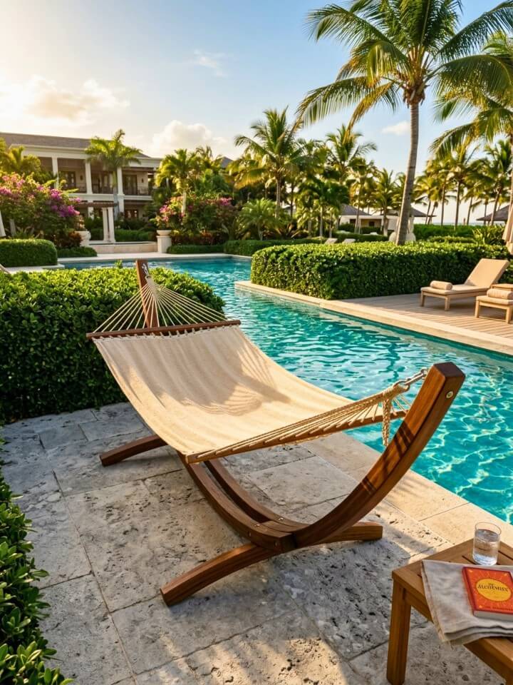 hammock stands creating a relaxing pool retreat