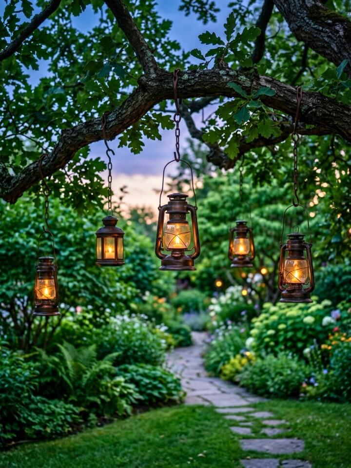 hanging lanterns from tree branches in the yard