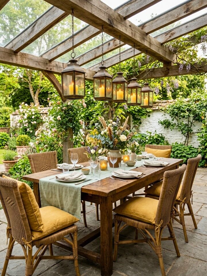 hanging lanterns over a cozy farmhouse table