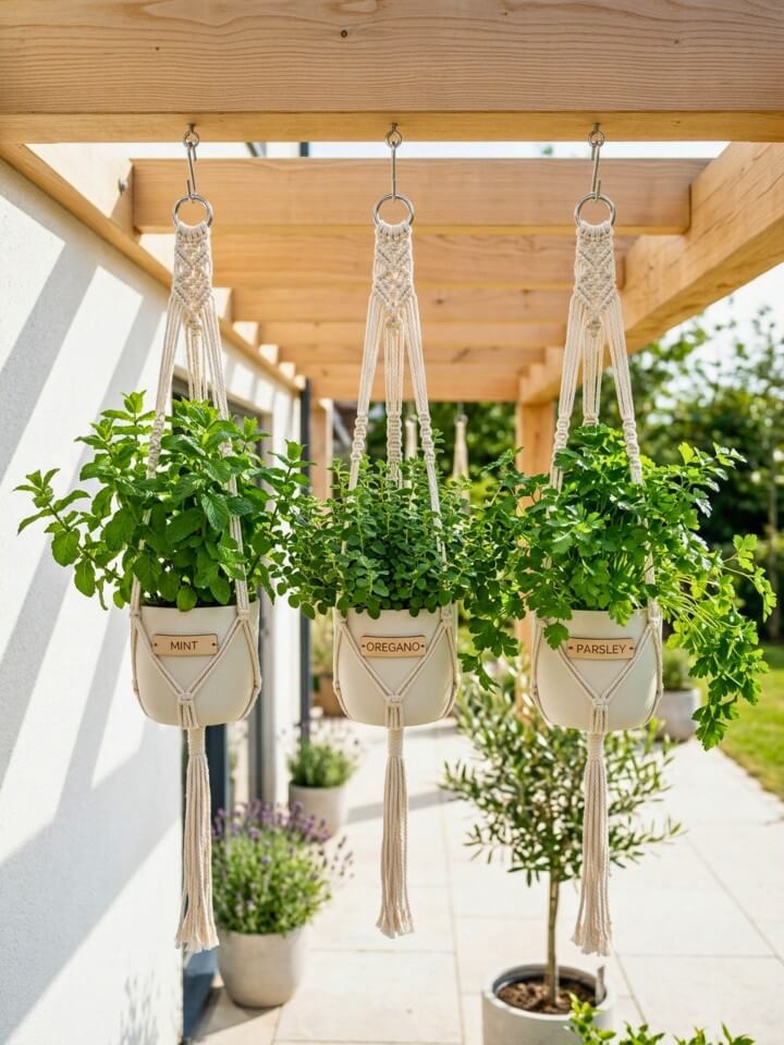 hanging macrame herb pots for patio charm