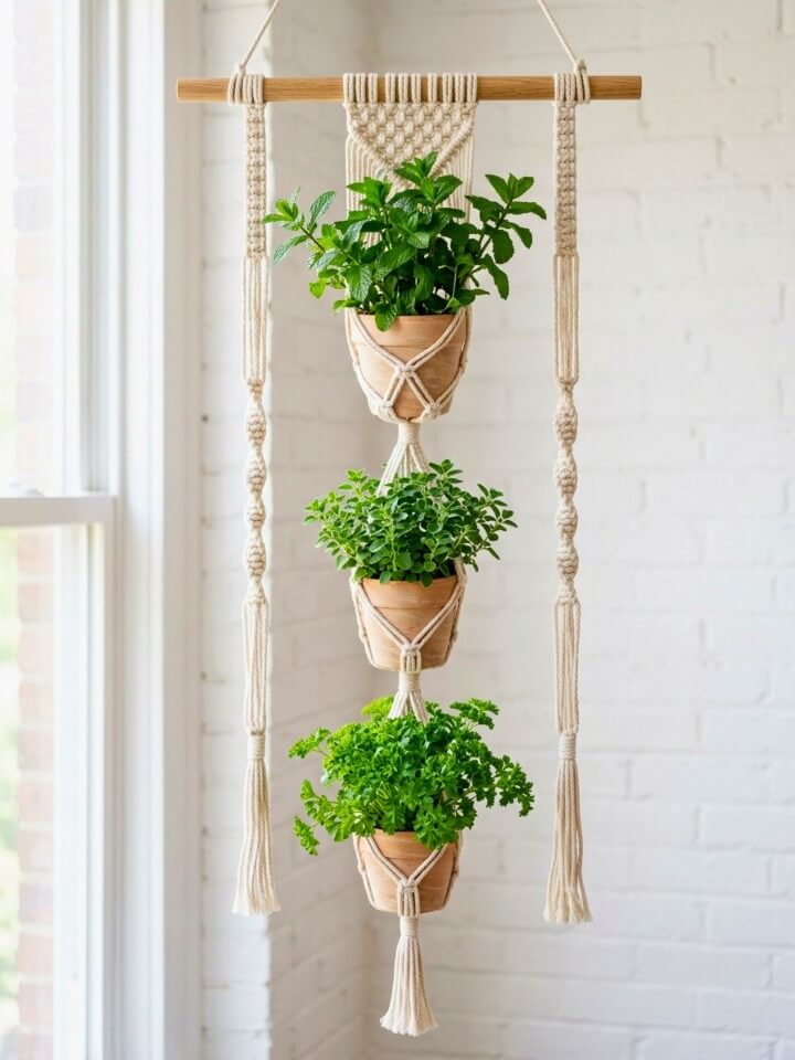 hanging macrame herb pots indoors and outdoors