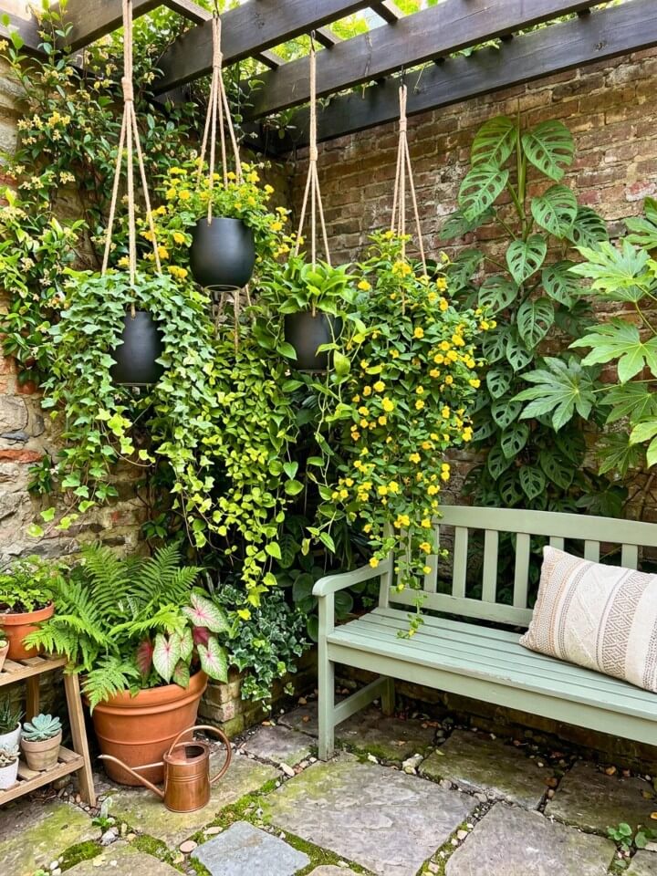 hanging plant corner for lush outdoor areas