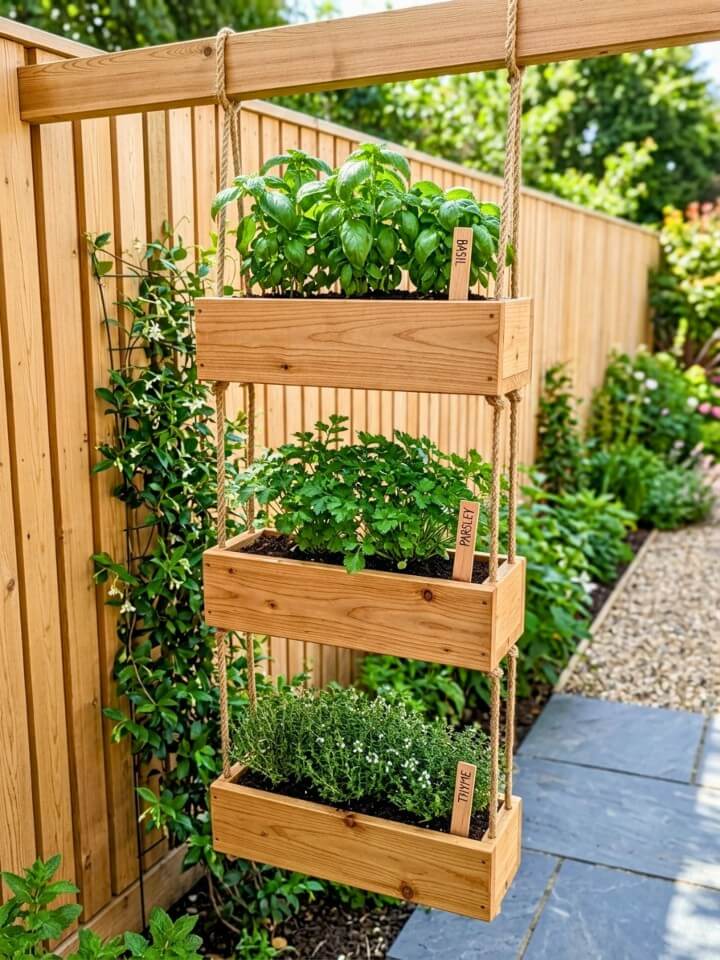 hanging wooden crates herb garden