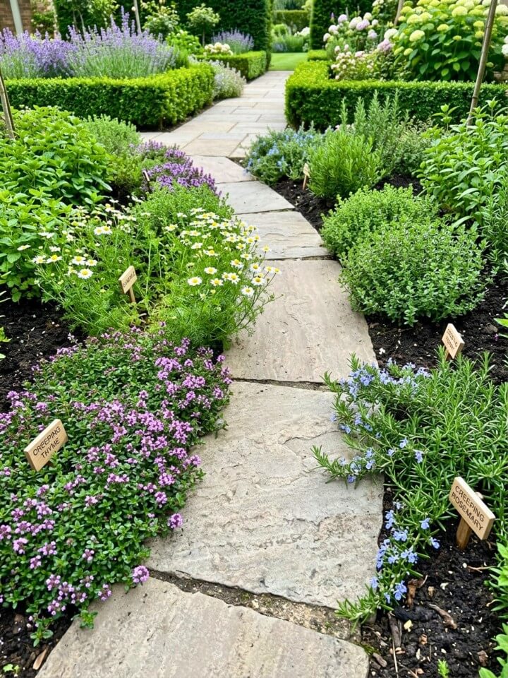 herb garden along pathway stones