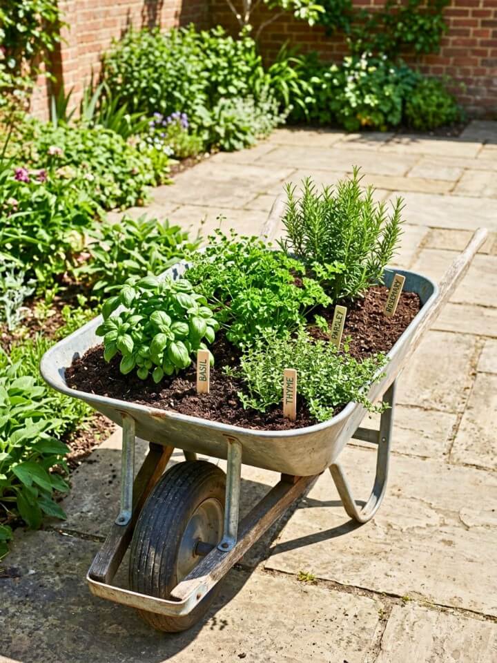 herb garden in a mobile wheelbarrow